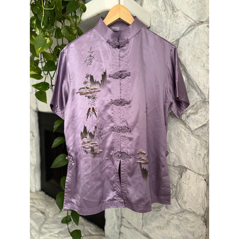 Asian Style, Kimono Watercolor Painting Lavender Blouse  Short Sleeve Vintage
